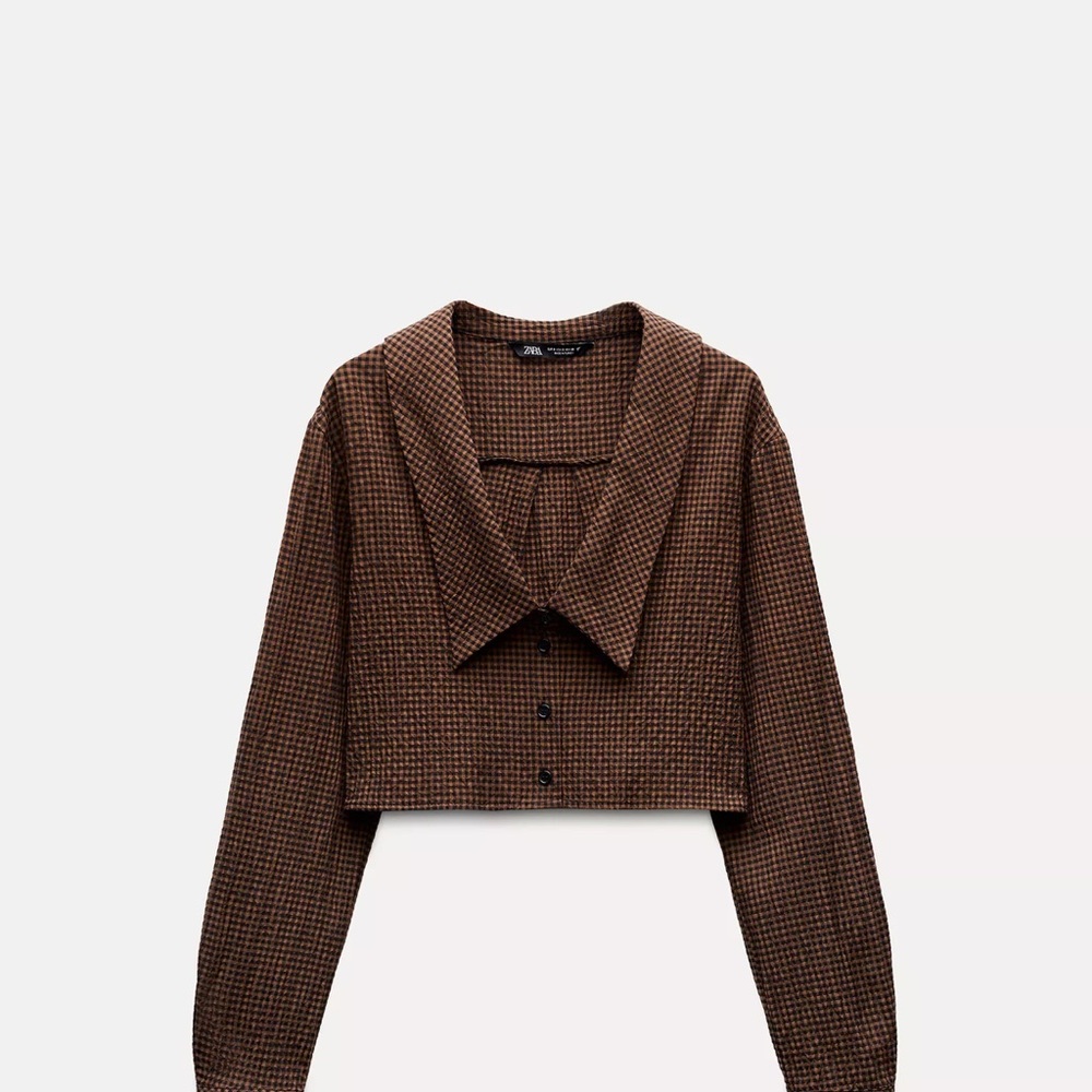 Zara Brown Houndstooth Cropped Button-Up Top